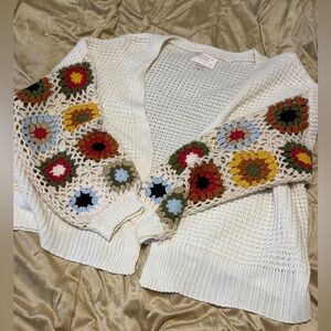 Francesca's Collections Cream Open Knit Cardigan with Multicolor Crochet Sleeves